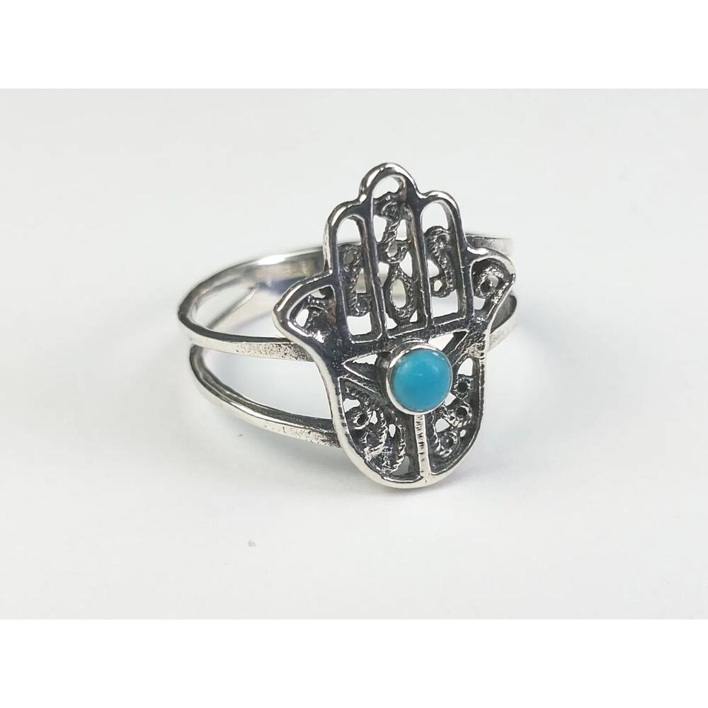 925 Sterling Silver Turquoise Ring - Hand of God - Size 7
